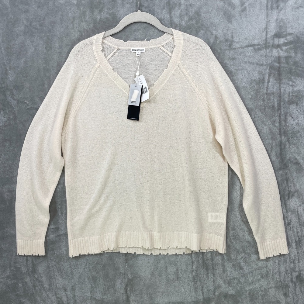 NEW Minnie Rose 100% Cashmere Sweater Pullover Size L V-Neck Ivory White NWT